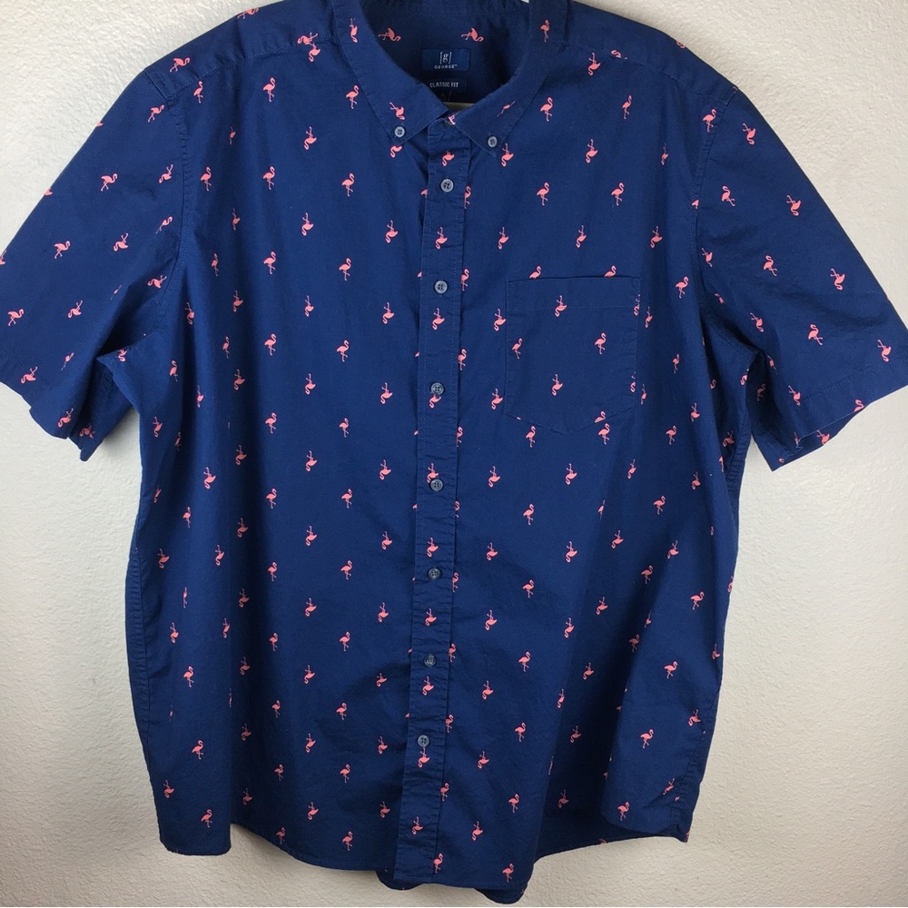 GEORGE CLASSIC FIT NAVY-BLUE PINK FLAMINGO PRINTED CASUAL BUTTON SHIRT MENS 3XL